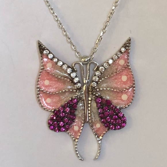 Jewelry - Butterfly 925 silver white pink cz necklace